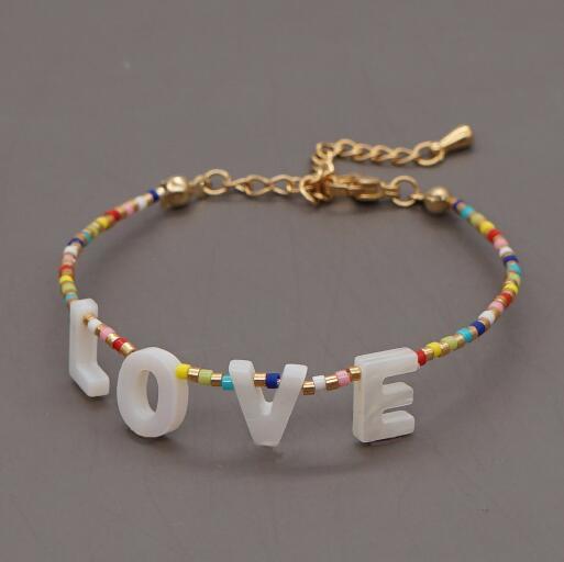 Custom Bohemia beach jewelry wholesale personalized colorful rice beads bracelets with shell letter love word bulk factory websites